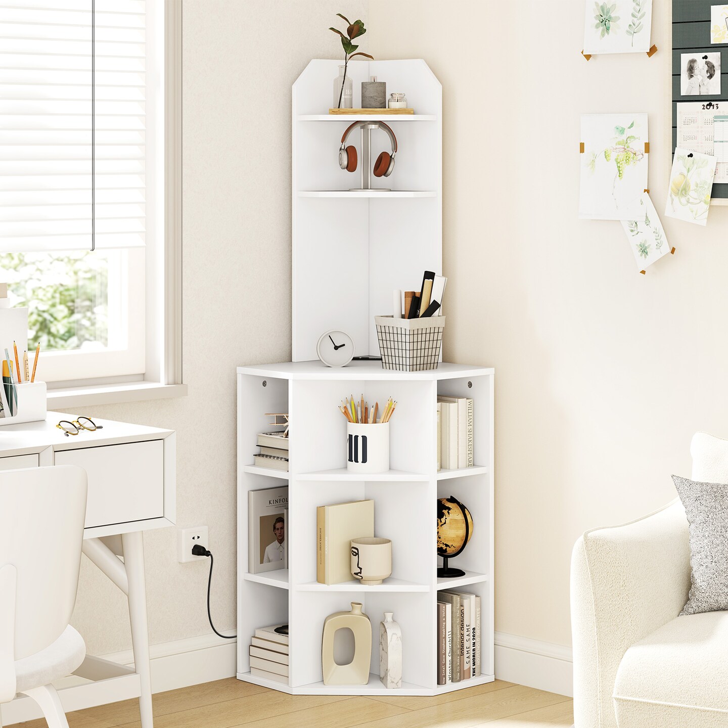 6-Tier Corner Shelf with Charging Station and 2 USB Ports Perfect for Any Room