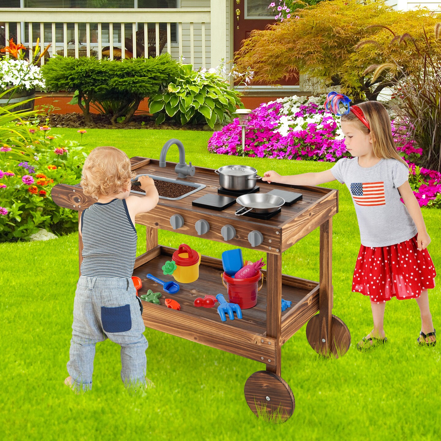 Wooden Outdoor Movable Mud Kitchen with 2 Rolling Wheels and Push Handle