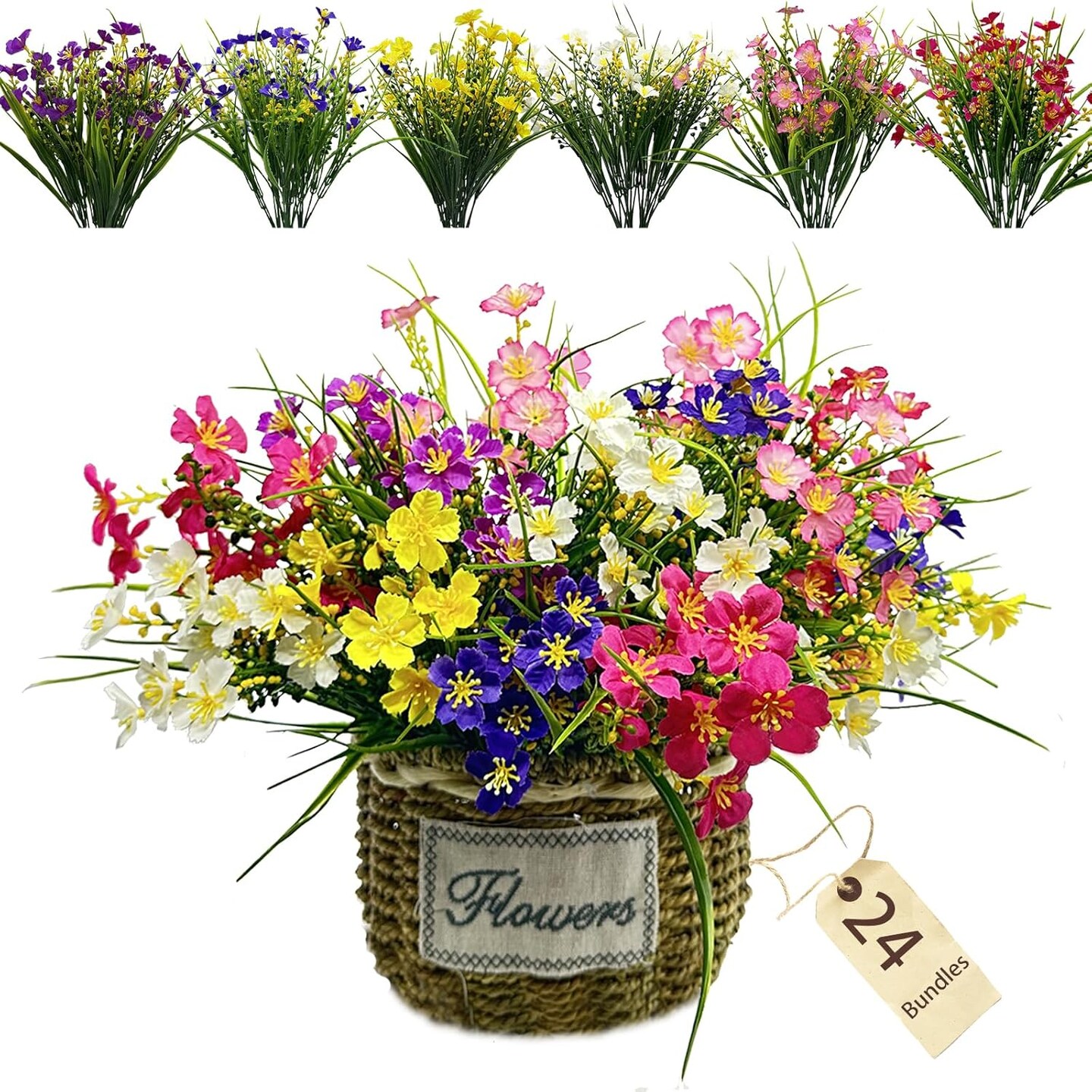 24 Bundles Fake Outdoor Wild Flowers Lifelike UV Resistant Mixed Colors Artificial Flowers for Indoor Outside Hanging Planters Garden Home Office Decor 4.72"D x 4.72"W x 13.78"H