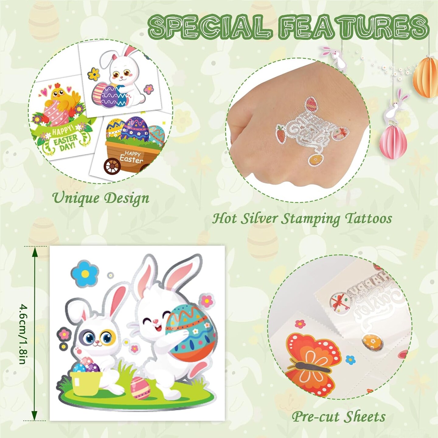96 PCS Easter Temporary Tattoos for Kids, Pre-cut Fake Tattoos Easter Tattoos Hot Silver Stamping Kid Tattoos Temporary Eggs Bunny Tattoos Easter Basket Stuffers Prizes for Kids Adult
