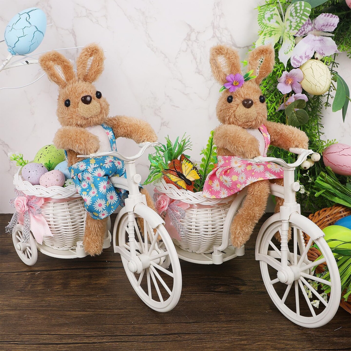 Set of 2 Easter Plush Bunny Tabletop Decorations – 10” Riding Bike Rabbit Figurines for Spring & Basket Filler