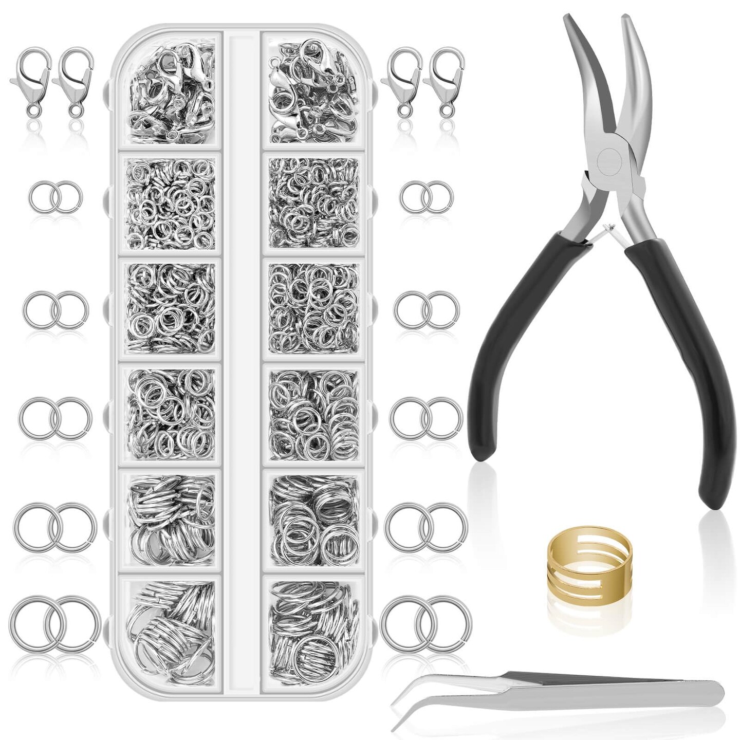 1200PCS Jump Rings for Jewelry Making Kit, Jump Rings and Necklace Clasps with Jump Ring Pliers Tools for Jewelry Making Supplies and Necklace Repair (Silver)
