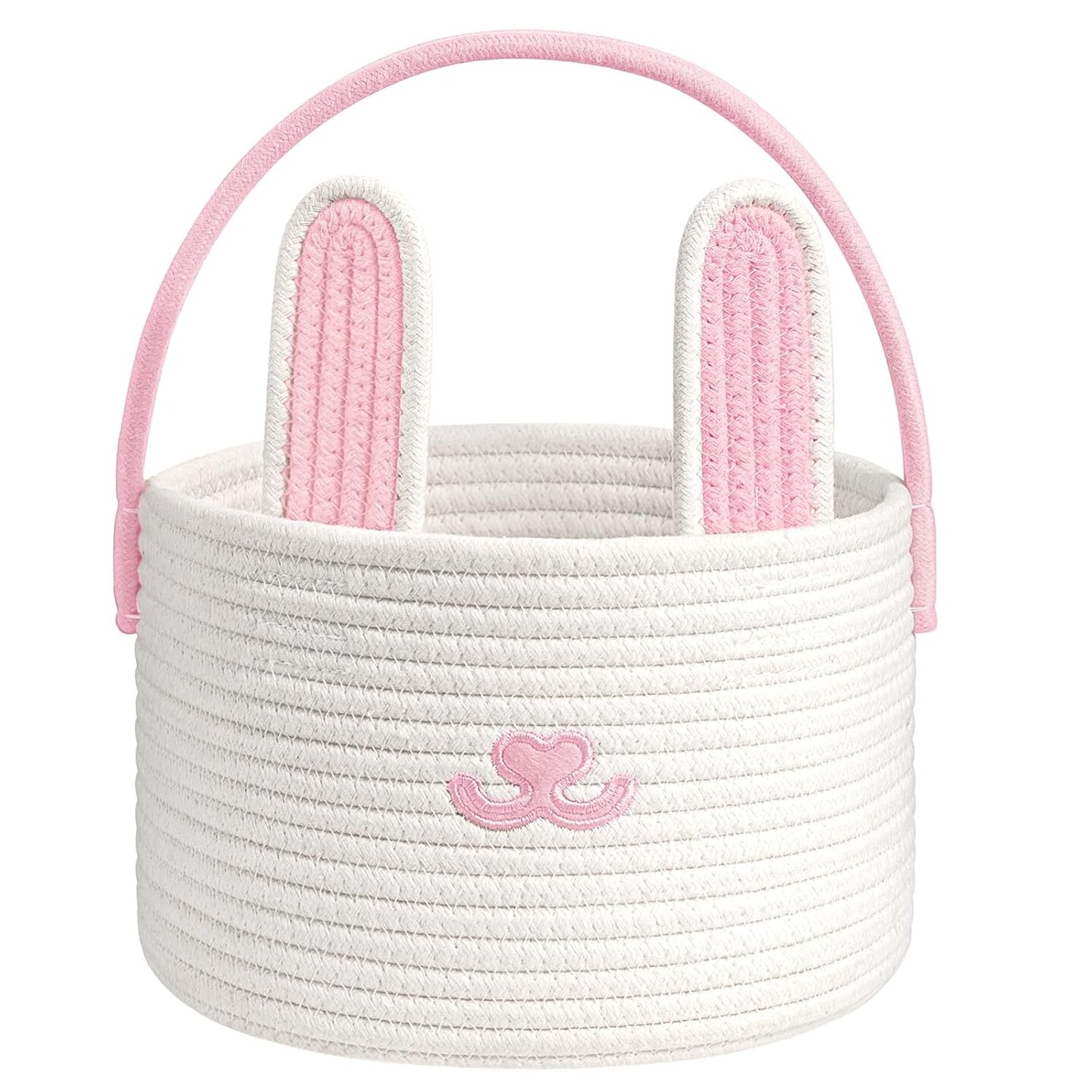 Baby Easter Basket Empty Gift Basket, Woven Rope Basket with Handles, Easter Bunny Baskets for Toddle Boys Girls, Easter Egg Basket with Decorative Rabbit, Pink
