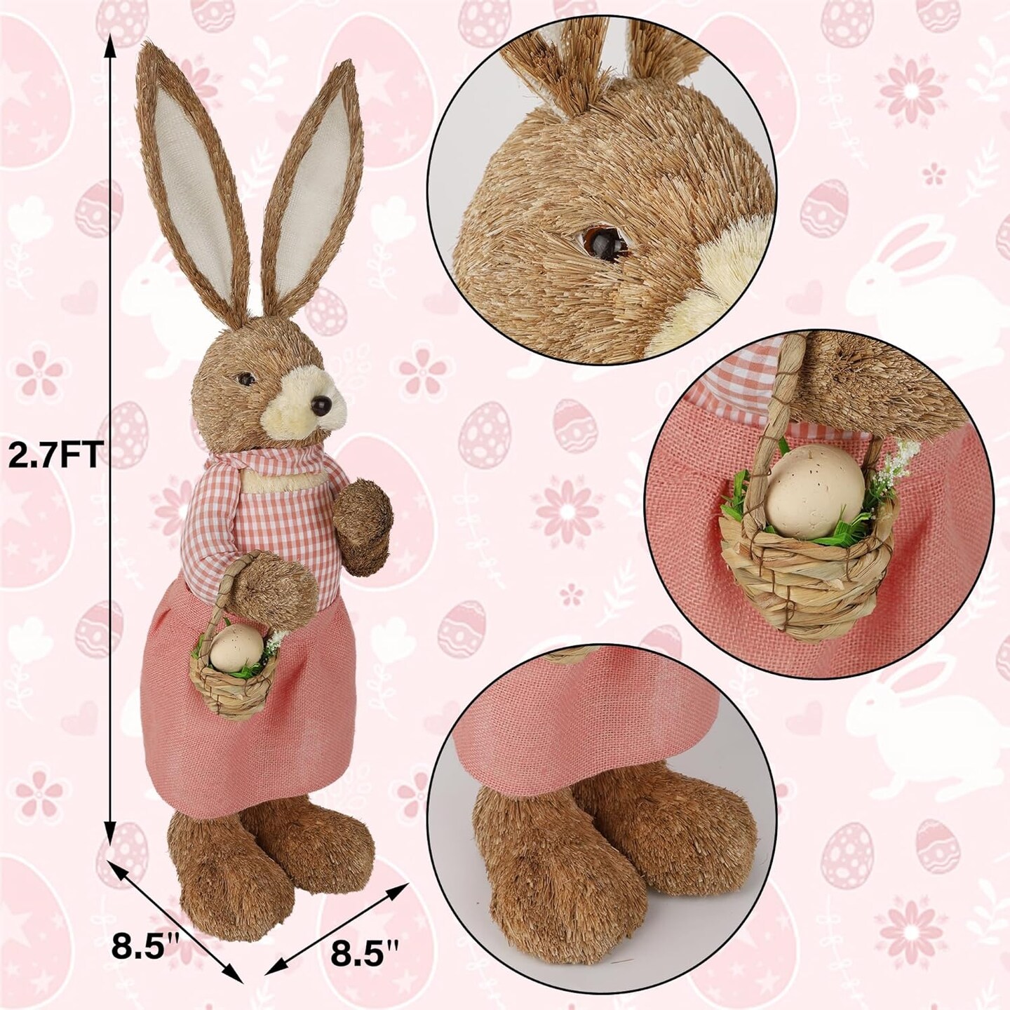 Easter Bunny Decor, 2.7FT Large Rabbit Statue with Easter Basket Eggs Outdoor Decorations, Straw Standing Bunnies Figurine Spring Decor for Porch Home Farmhouse Entryways Photo Props (Girl)