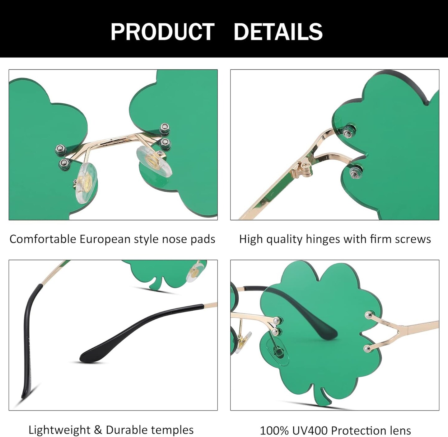 St. Patrick&#x2019;s Day Green Sunglasses Irish Shamrock Four Leaf Clover Green Lens Shades Costume Party Glasses(Four Leaf Green)