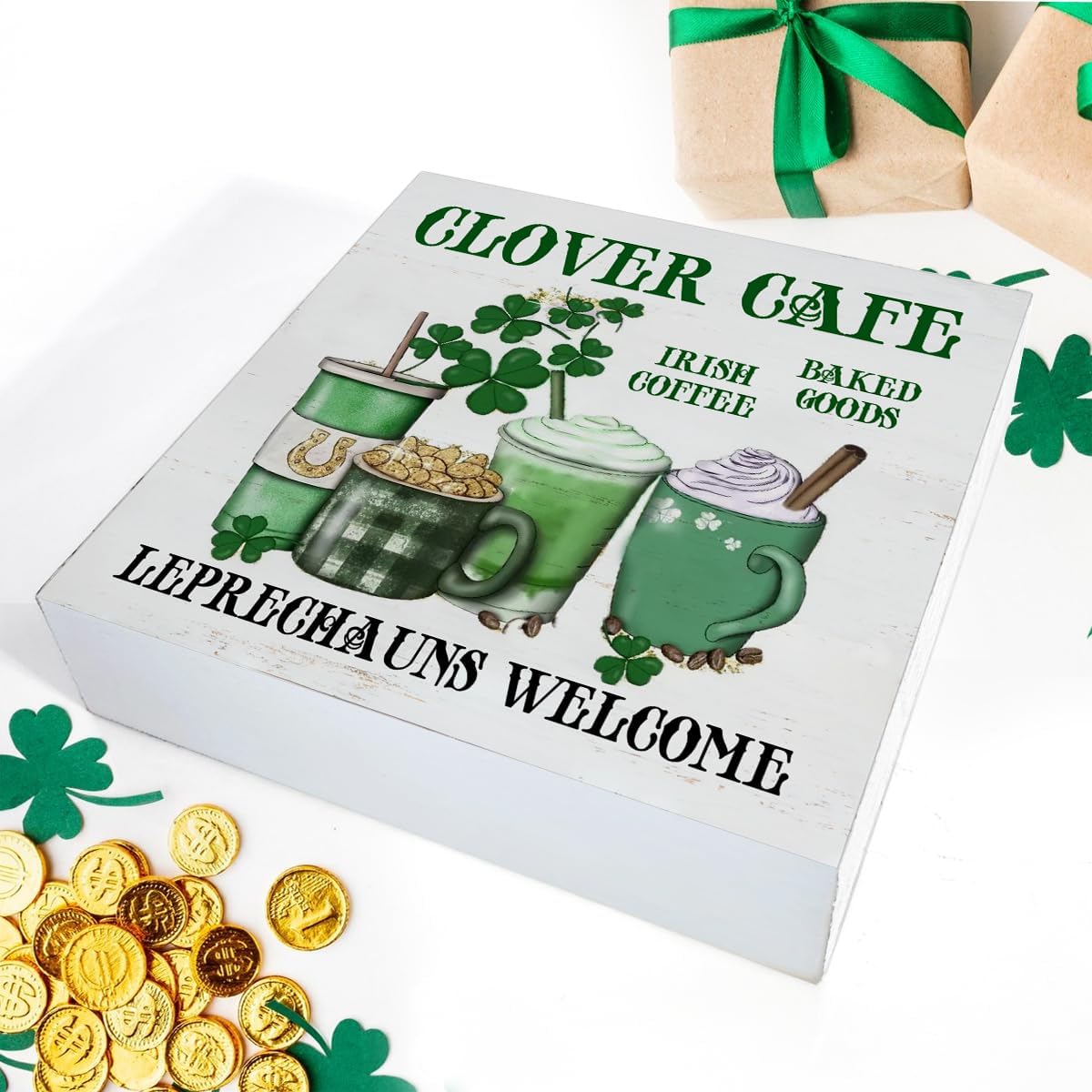 Coffee Decor, St. Patricks Day Decor Clover Cafe Wooden Sign St Patricks Day Decorations Home Kitchen Decor for Desk Table Shelf 5 x 5 Inches, Irish Coffee Decor