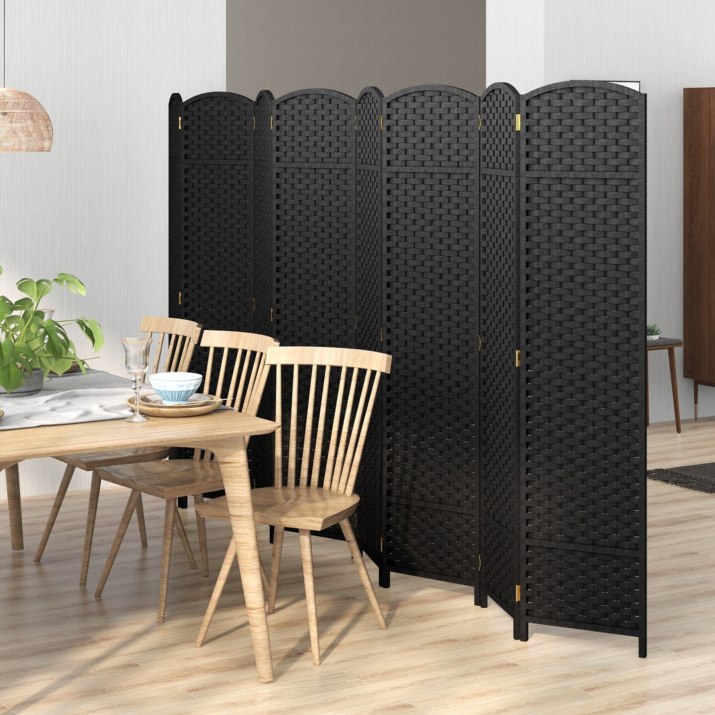 8-Panel Folding Room Divider with Hand-woven Texture and Wood Frame