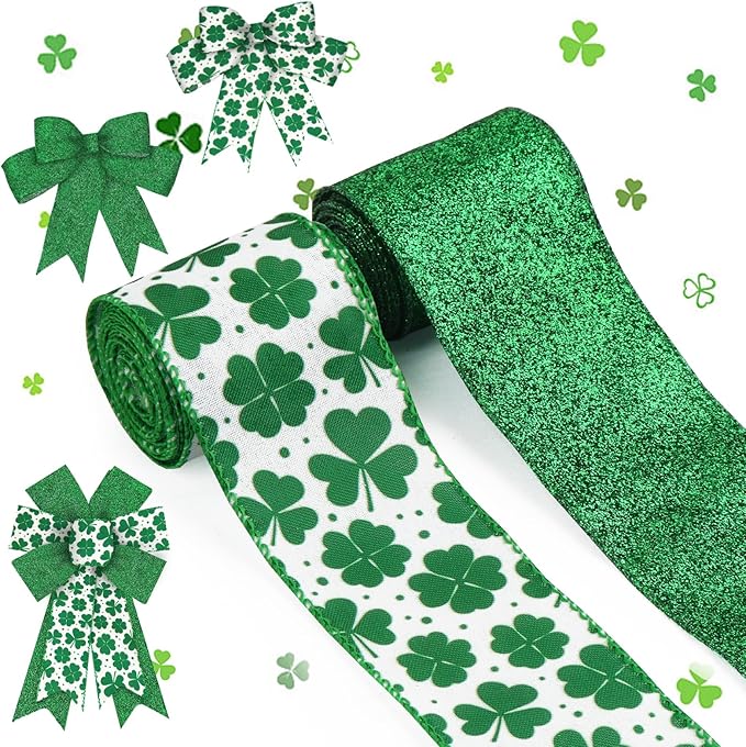2 Rolls 2.5&#x22; &#xD7; 5 Yd St. Patrick&#x27;s Day Ribbon Irish Shamrock Wired Ribbon Glitter Green Ribbon for St. Patrick&#x27;s Wreath DIY Crafting Gifts Wrapping St. Patrick&#x27;s Party Decoration