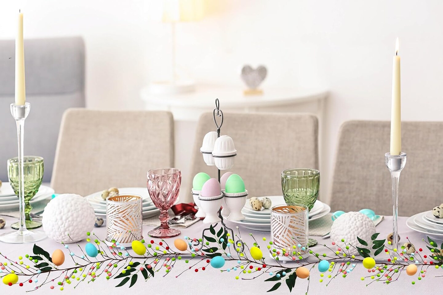 6FT Artificial Easter Egg Garland with Mixed Berry Garland with Lights Easter Decoration for Mantle Table Party