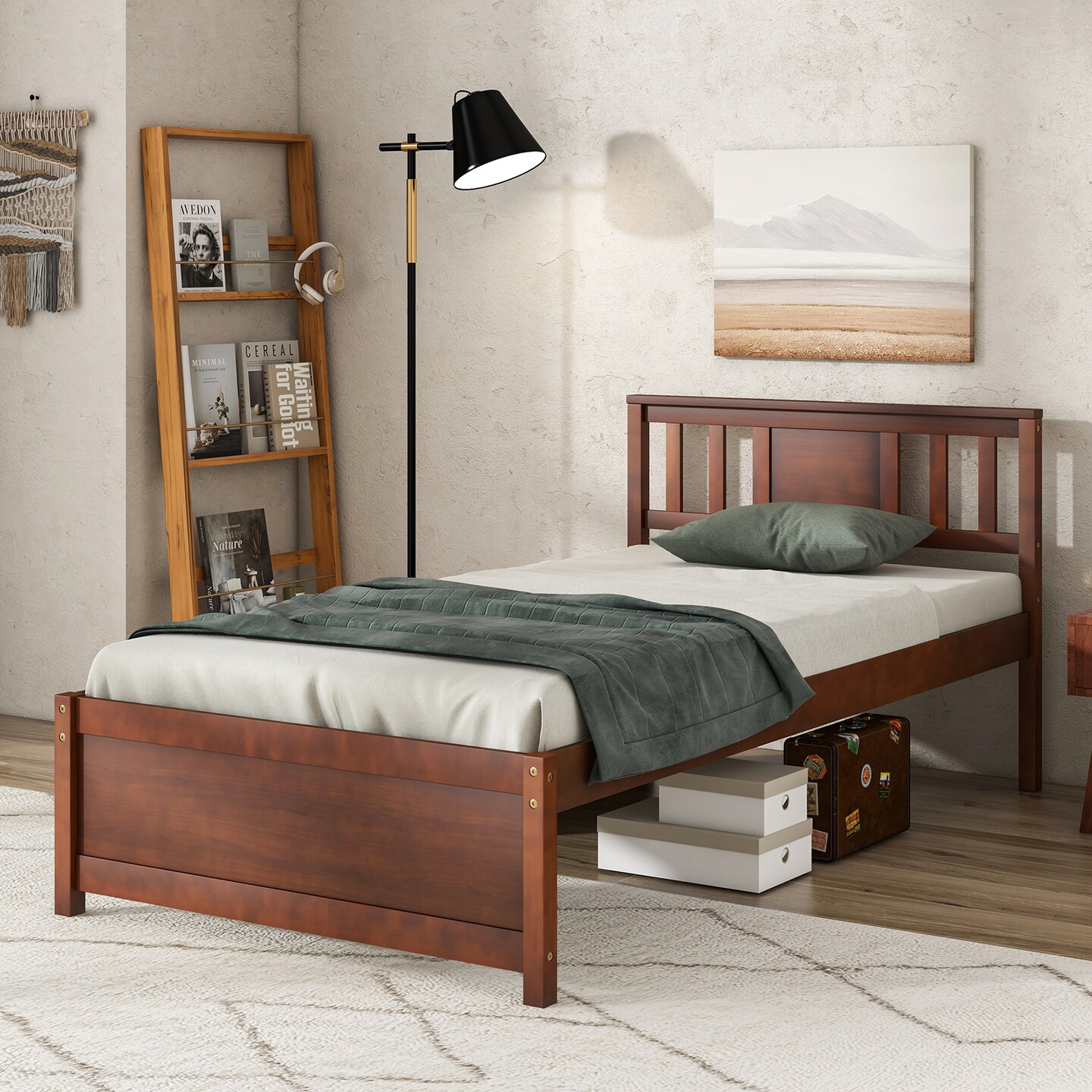 Wooden Platform Bed with Headboard and Slat Support