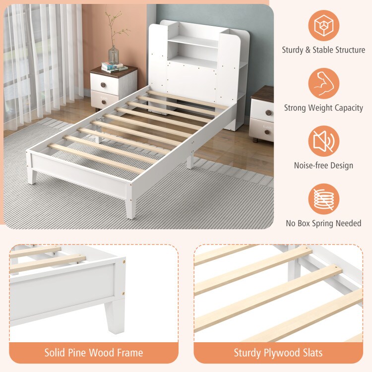 Wooden Twin Bed Frame with Bookcase Headboard Storage Shelves and Under-bed Space