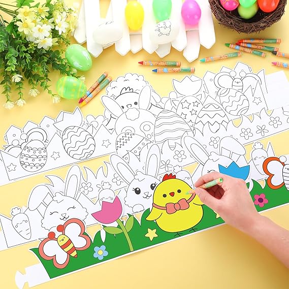 30 Sets Easter Crown Craft for Kids Color Your Own Easter Crown with Crayons DIY Coloring Easter Adjustable Paper Headband for Kids Easter Spring School Party Supplies