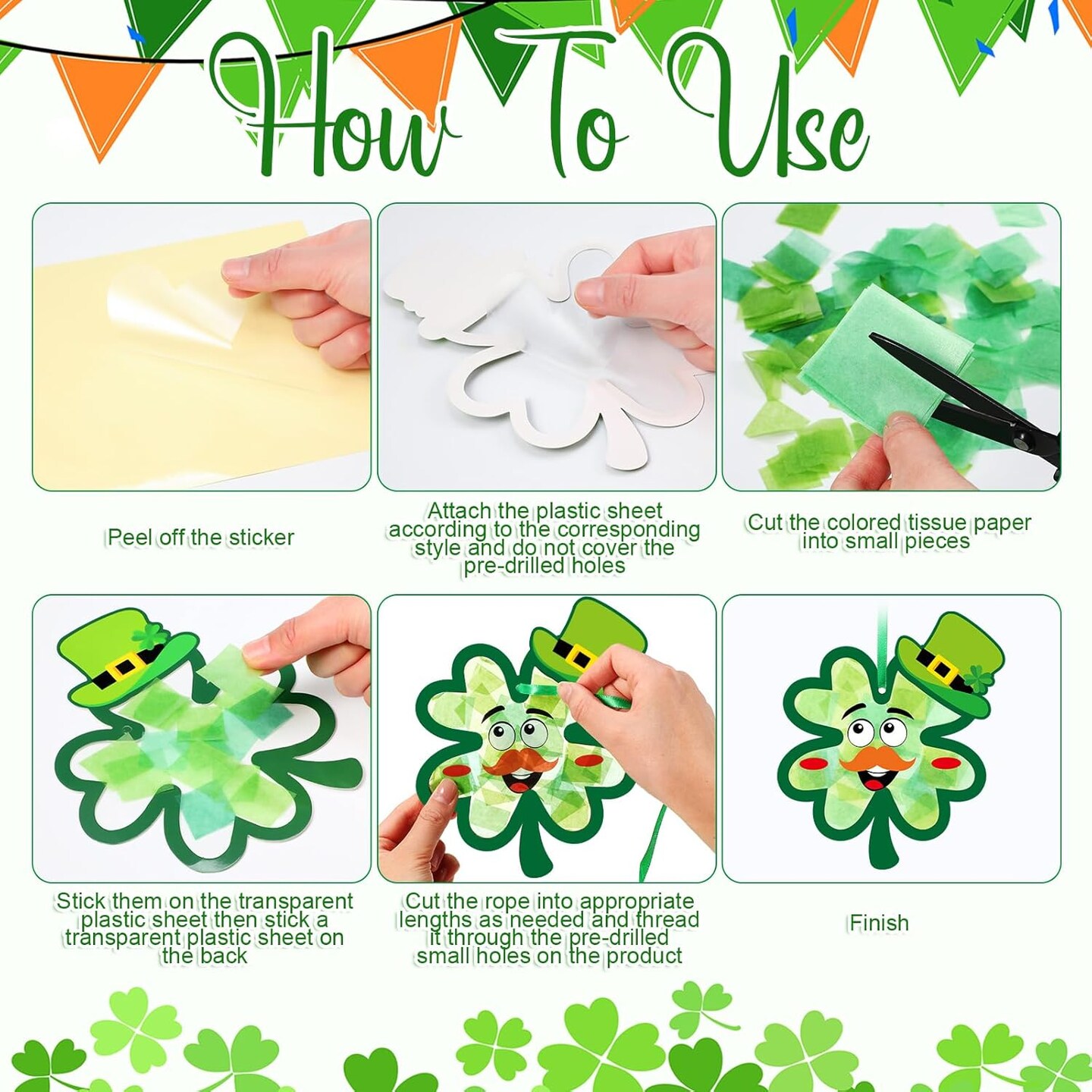 24 Pcs St. Patrick&#x27;s Day Craft Kit Lucky Shamrock Suncatcher Craft Irish Day Window DIY Tissue Paper Suncatcher Decoration Ornament for Classroom St Patricks Party Favor Supplies