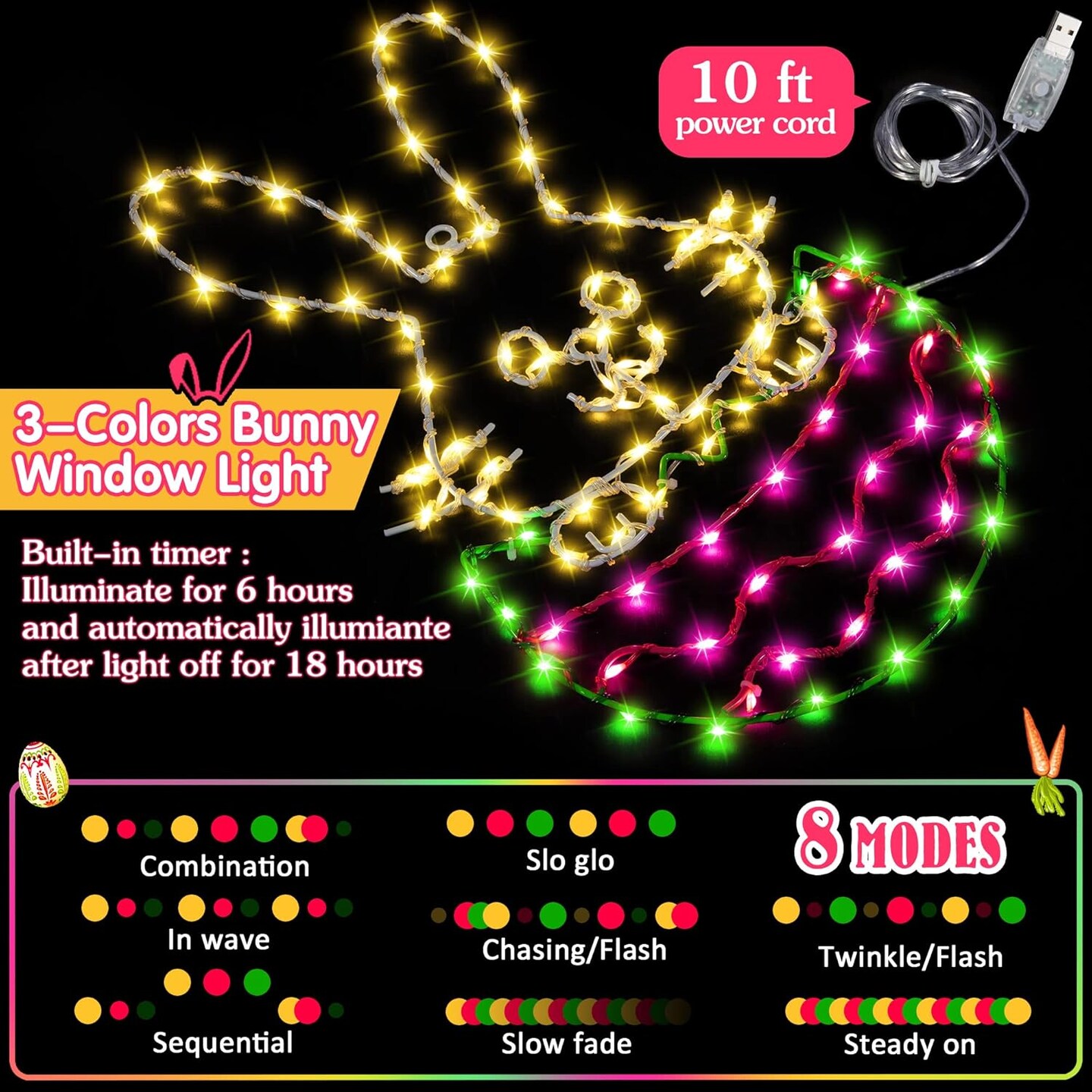 16&#x22; Easter Egg Bunny Window Lights, Easter Silhouette Light Decorations with 8 Lighting Modes Remote Control (AAA Battery) for Outdoor Indoor Easter Party, USB Plug Powered Lighting Decor