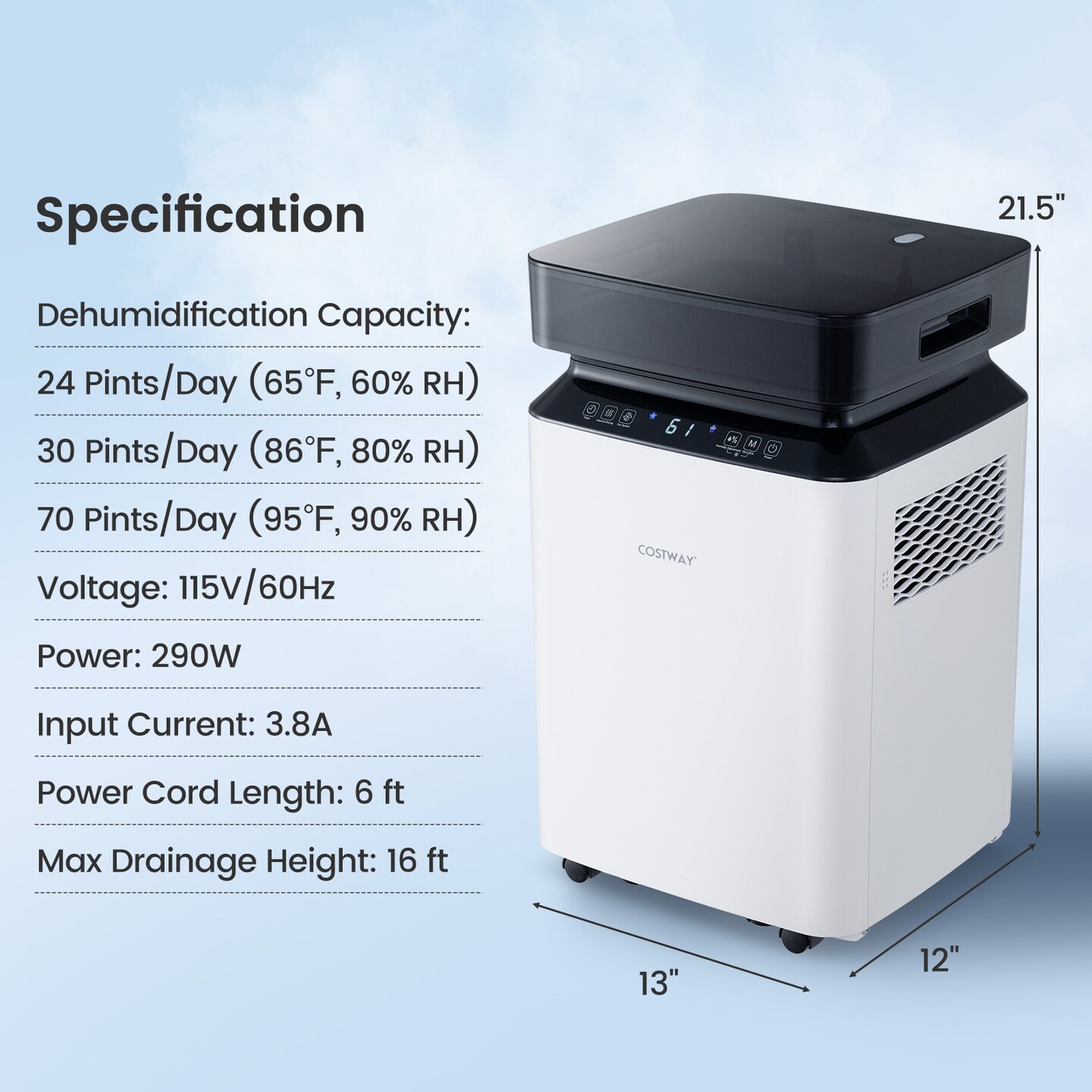 Dehumidifier with Continuous and Auto Mode-70 Pints
