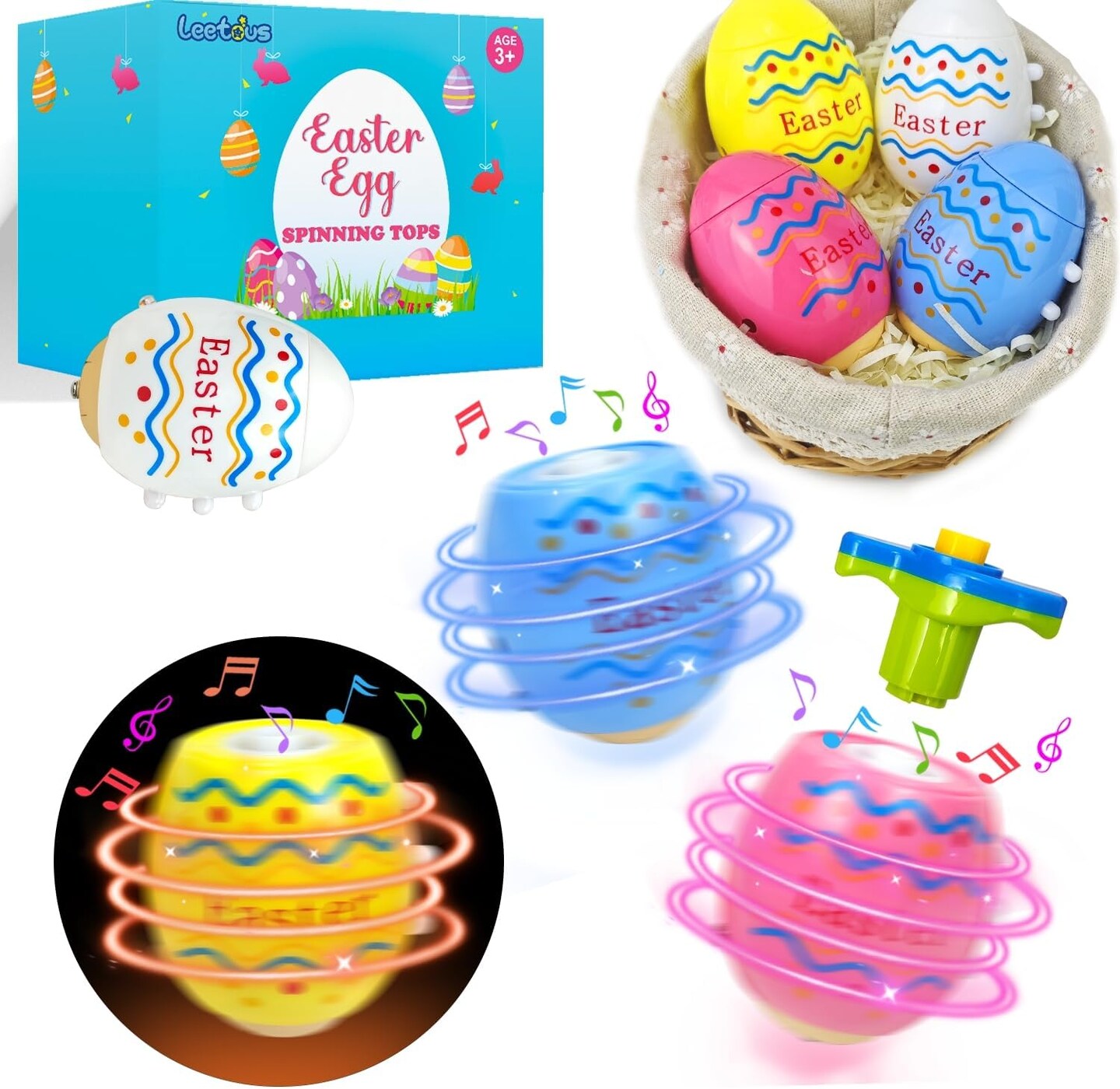 Easter Eggs Basket Stuffers Toys Gifts for Toddler Boys Girls, 4 Pack Light up Spinning Tops with Music, Non Candy Easter Egg Hunt