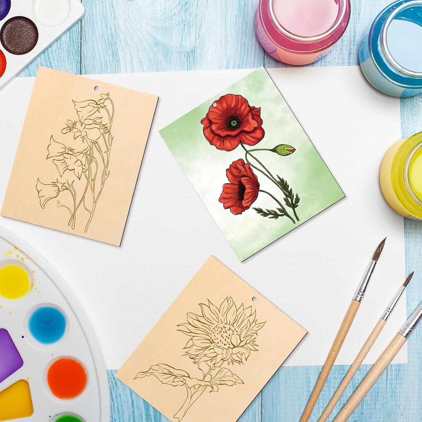 10 Pieces Large Flowers Unfinished Wood Crafts to Paint for Adults and Kids, Bulk Predrilled Wooden Ornaments for Painting, Tulips Flower Paintable Wood Slices Craft Supplies with Ropes