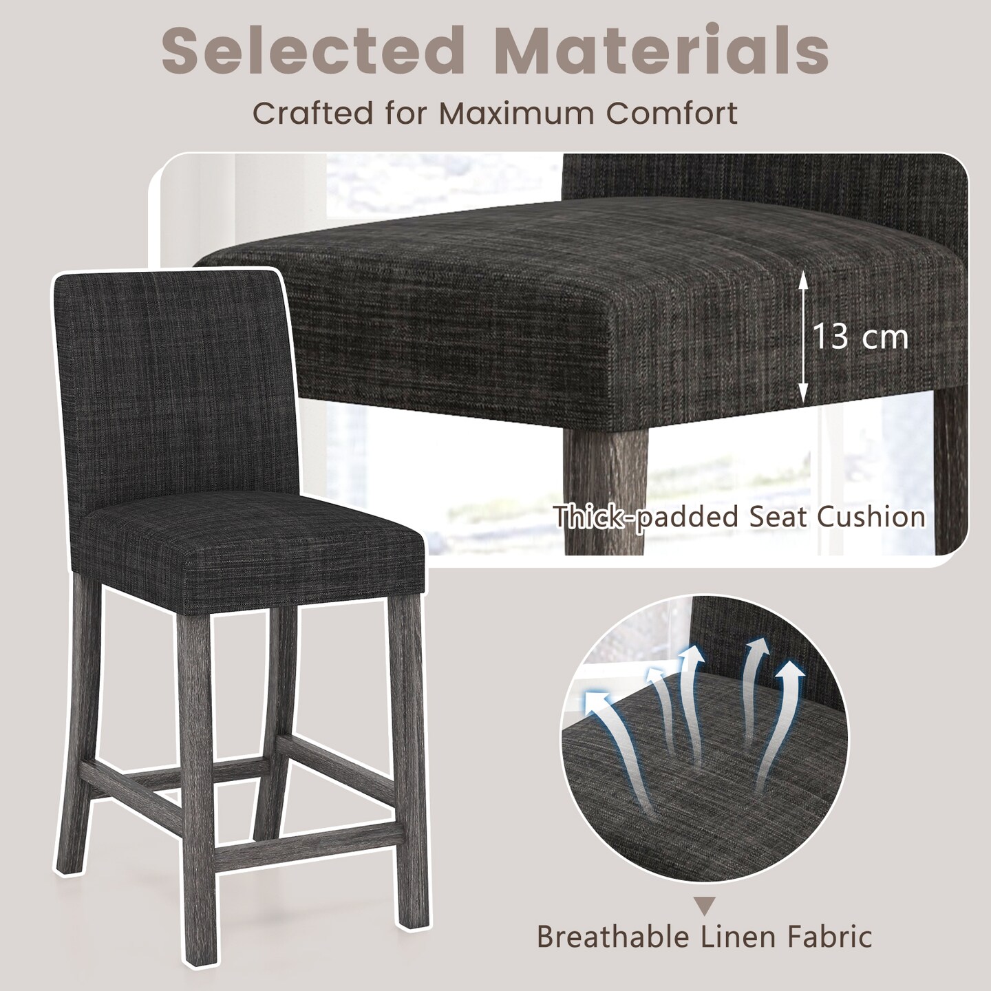 Counter Height Bar Stools Set of 2 with Back and Footrest-Grey