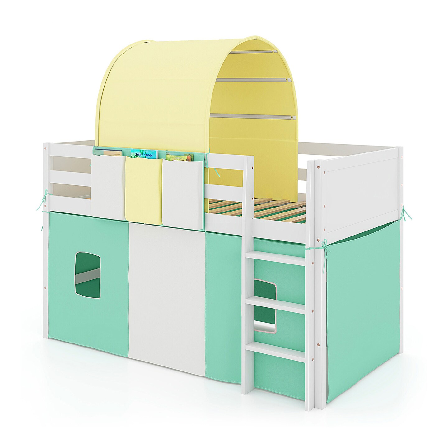 Twin Size Playhouse Loft Bed Frame with Tower Tent and 3 Storage Pockets for Kids