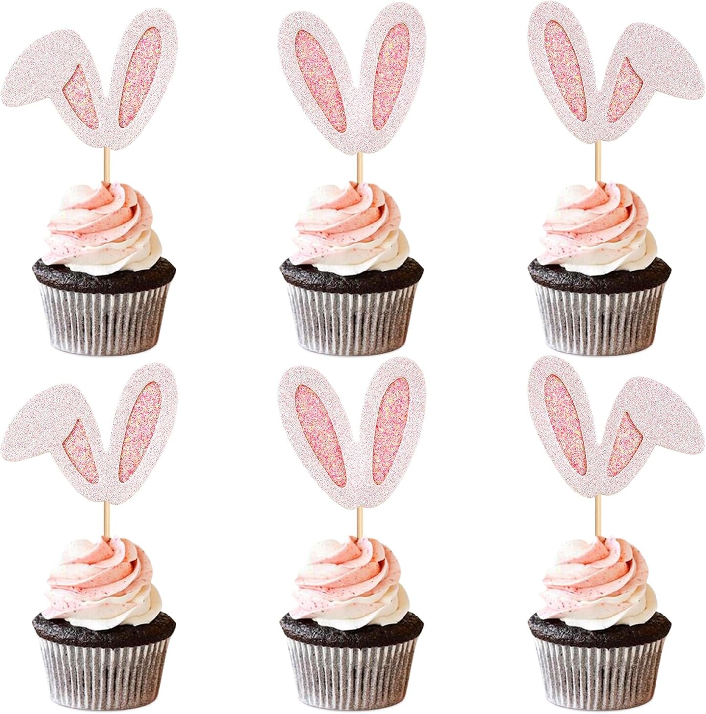 24 Pack Easter Bunny Ear Cupcake Toppers, Pink Glitter Rabbit Ears Cupcake Picks, Easter Day Cake Toppers for Easter Theme Spring Birthday Baby Shower Party Supplies