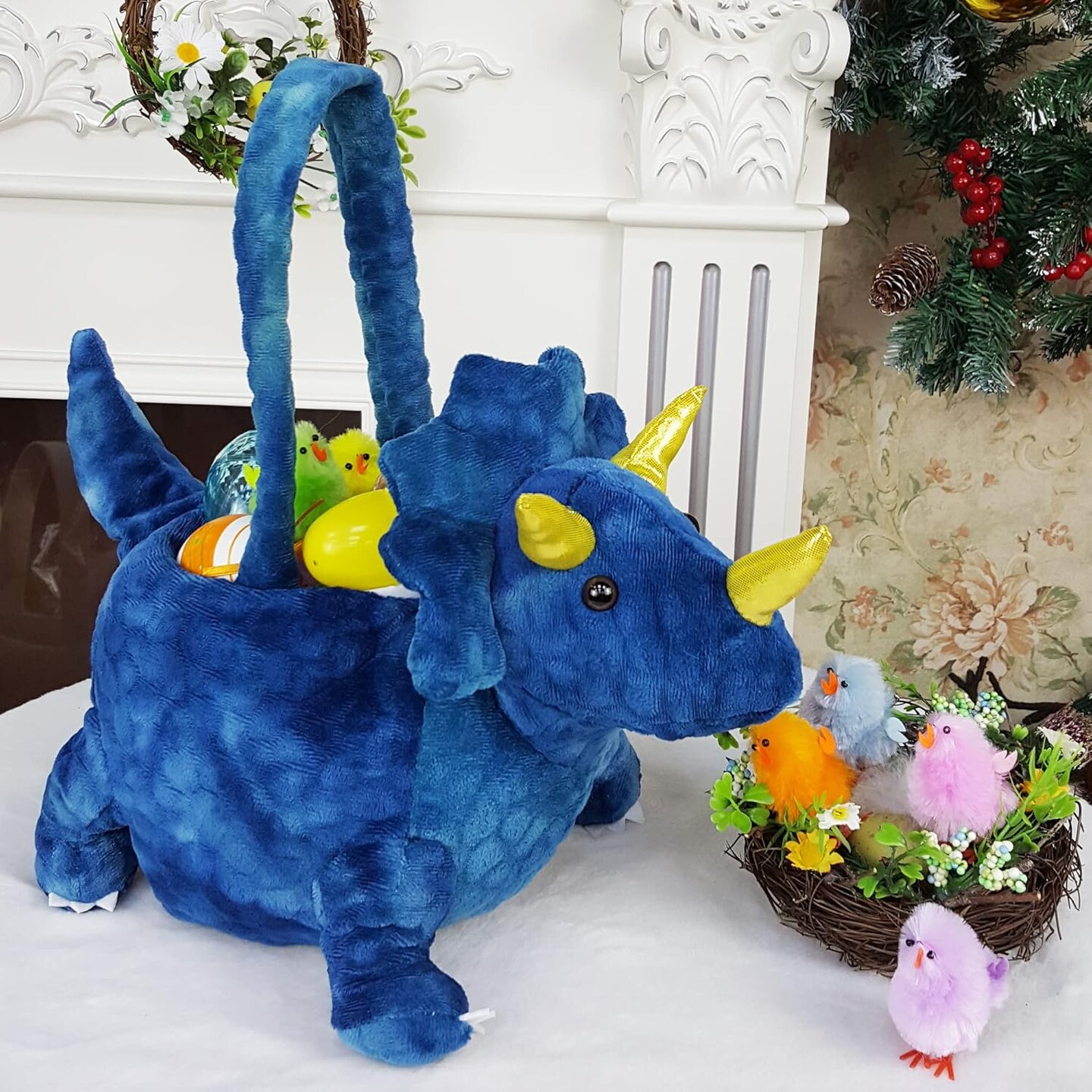 Adorable 3D Dark Blue Plush Triceratops Basket Easter Dinosaur Basket Easter Egg Hunting Basket Halloween Trick or Treat Basket