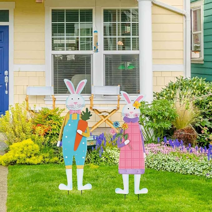 cSet of 2 Metal Bunny Decorative Garden Stakes for Easter Decor, Spring Rabbits Yard Stakes for Home Outside Front Door Porch Lawn Garden Backyard Decorations