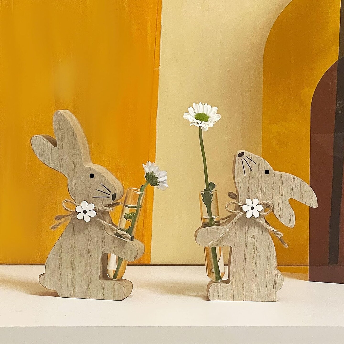 2 Packs Wooden Bunny Flower Vases, Easter Burlywood Rabbits Holding Glass Test Tube Vases for Spring Indoor Home Entrance Tabletop Ornaments Window Sill Decor Housewarming Gifts