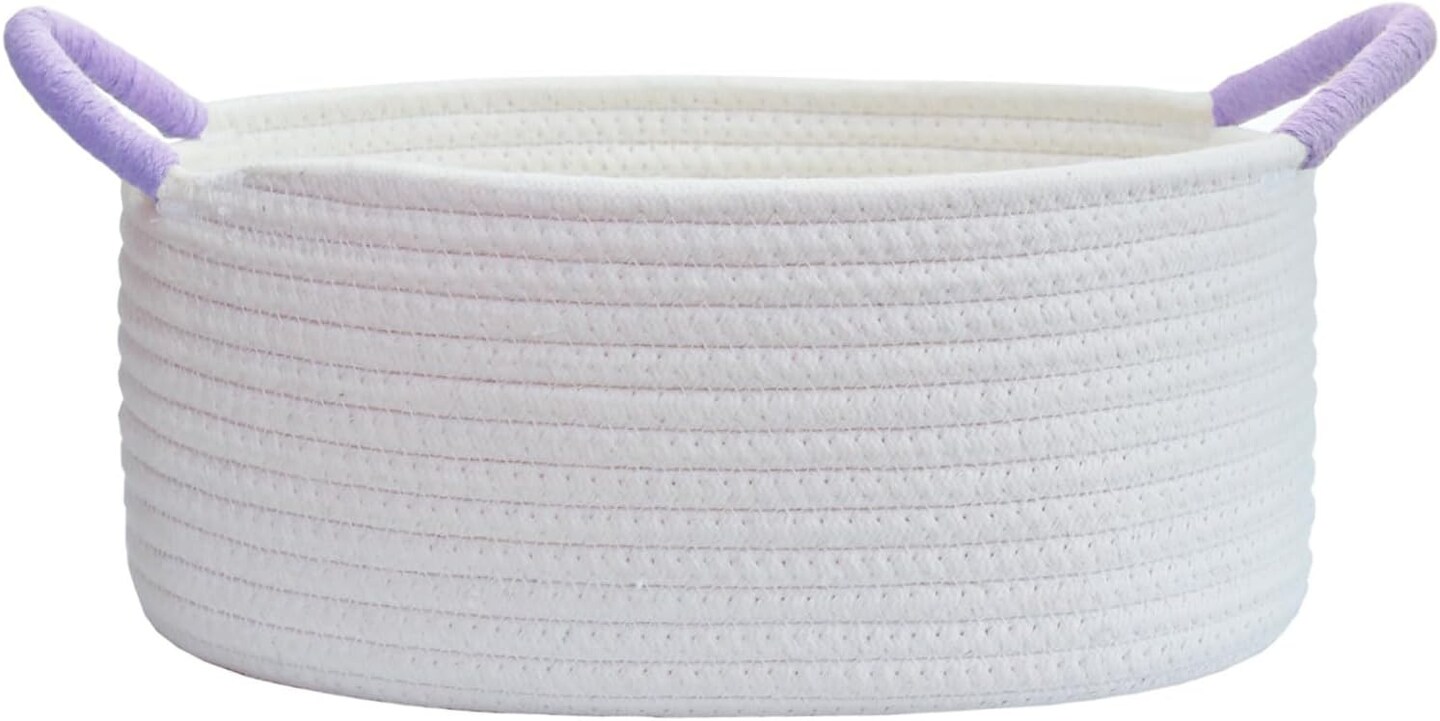 Empty Gift Baskets, Cute Woven Baskets for Storage, Small White Cotton Rope Baskets with Purple Handles for Women, Baby, Kid&#x2019;s, Pets Storage(Oval, 12&#x22;x 8&#x22;x 5&#x22;)