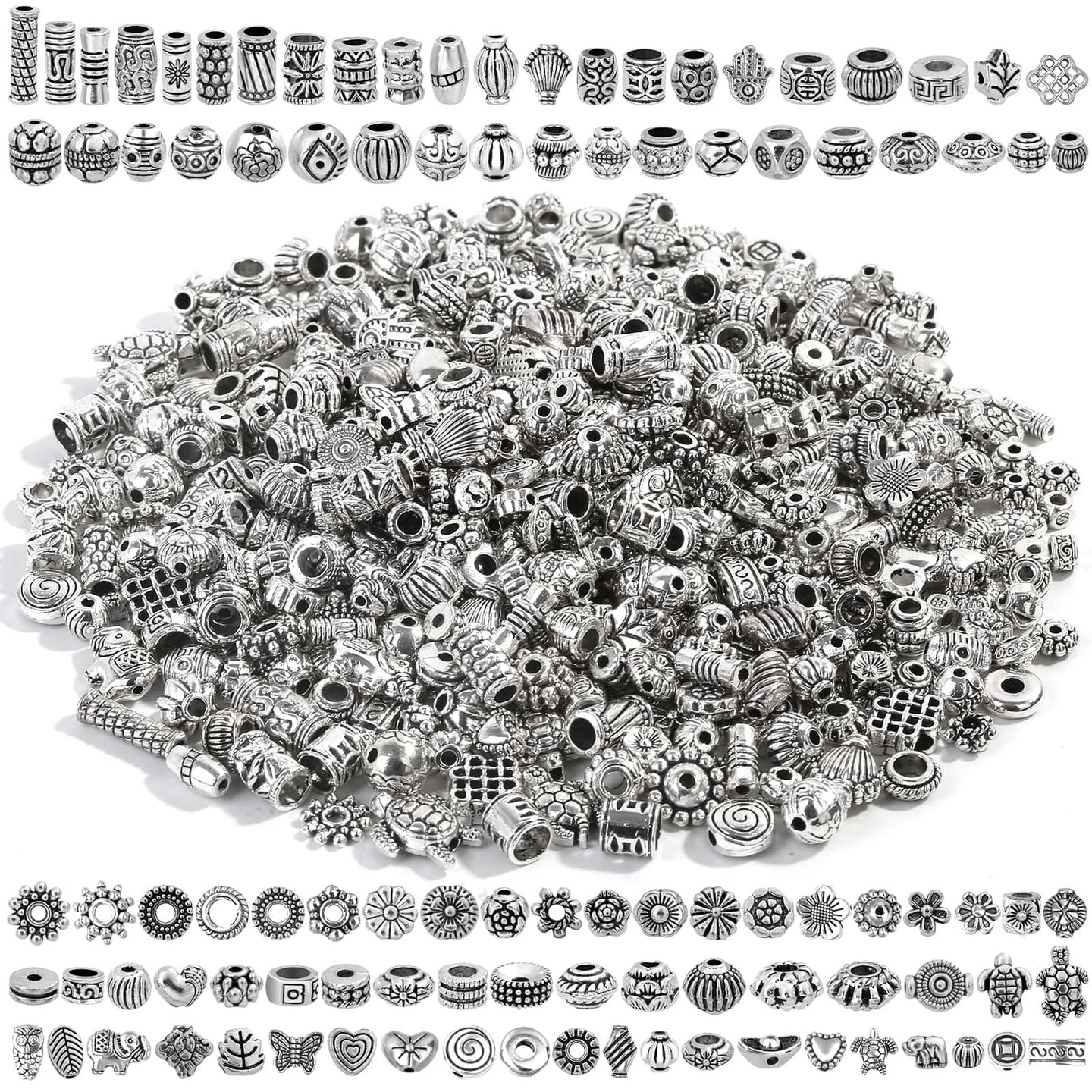 500 Pcs Bracelet Spacer Beads, Silver Bulk Random Styles Loose Spacer Metal Charm for Necklace, Earring Making DIY Jewelry Accessories