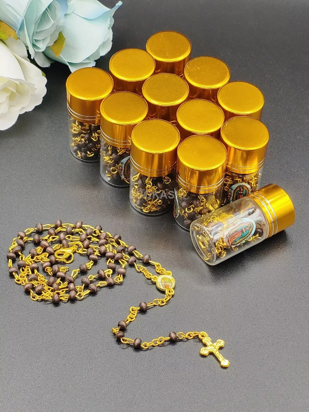 12 Black Beads Rosary Crucifix Cross in Glass Bottle Beaded Baptism Christiening