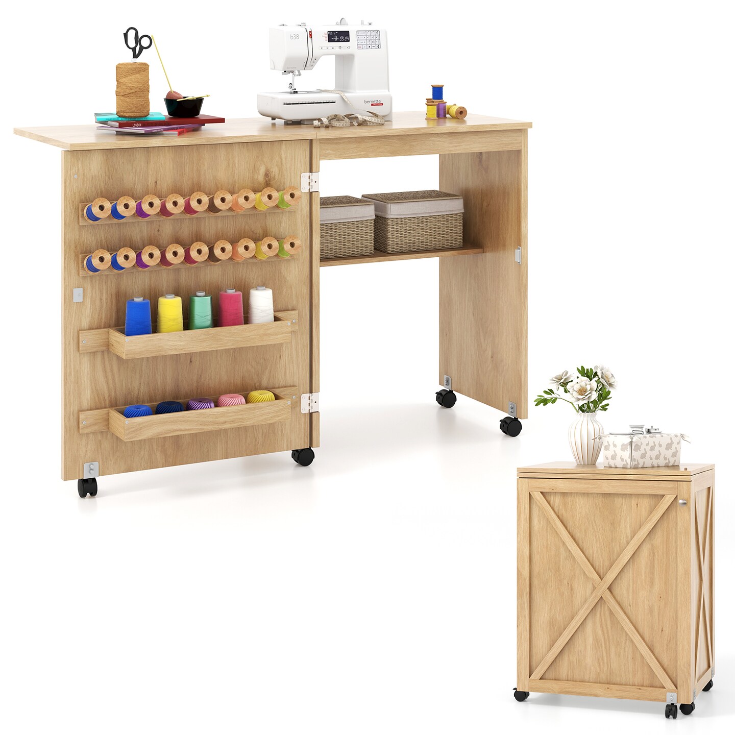 Space-Saving Folding Sewing Table Rolling Craft Station with Storage Pegs and Compartments