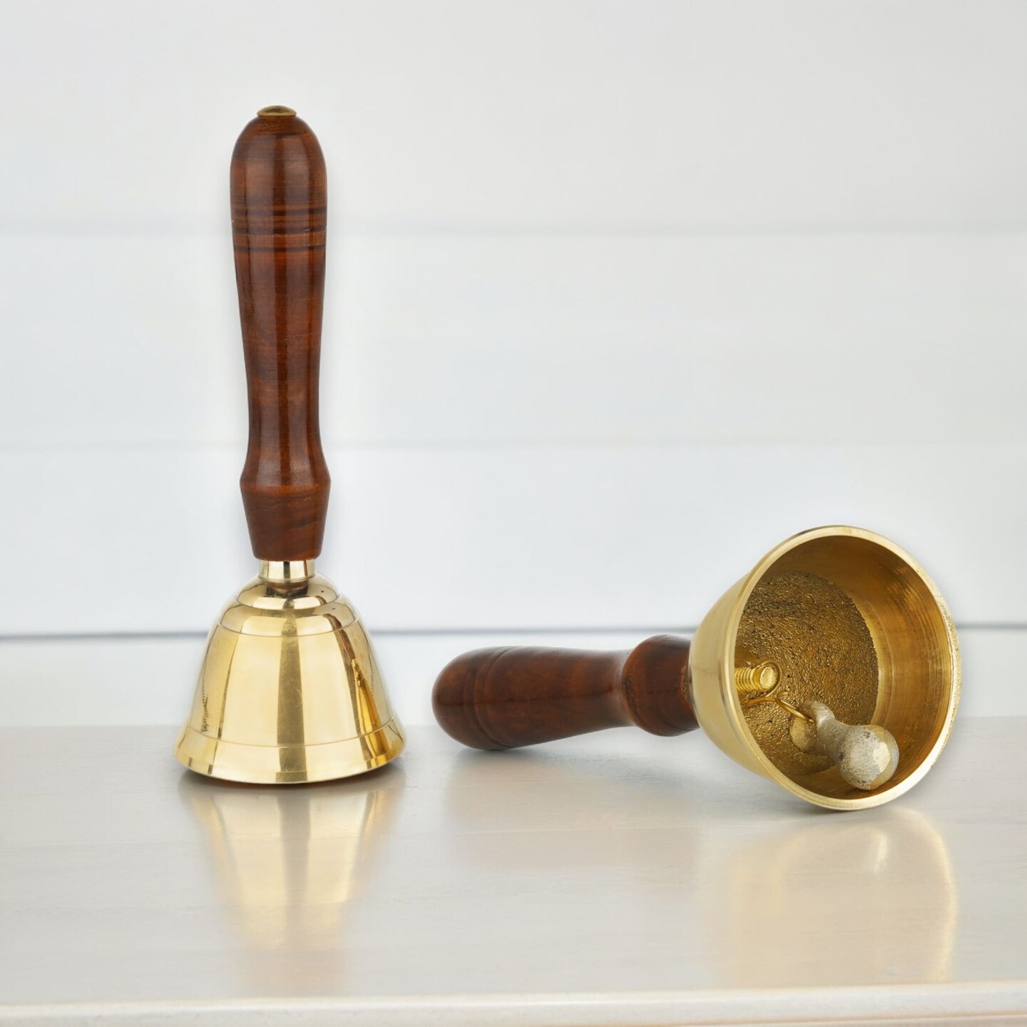 Solid Brass Bell Hand Call Bell for School Teacher Indian Weddings Christmas Pooja Room Temple Handheld Extra Loud Prayer Bells with Wooden Handle - Perfect for any Occasion