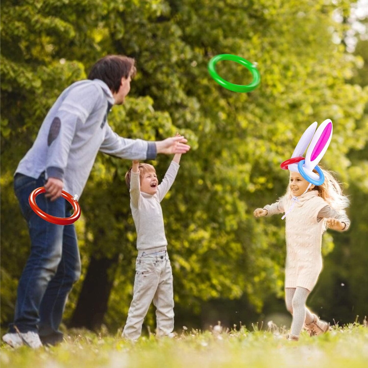 [ 16 Score Rings ] 4 Pack Inflatable Bunny Rabbit Ears Ring Toss Game for Kids Toy Gifts for Carnival Outdoor Game Easter Party Supplies 4 Color Girl Boy Easter Basket Stuffers Hat