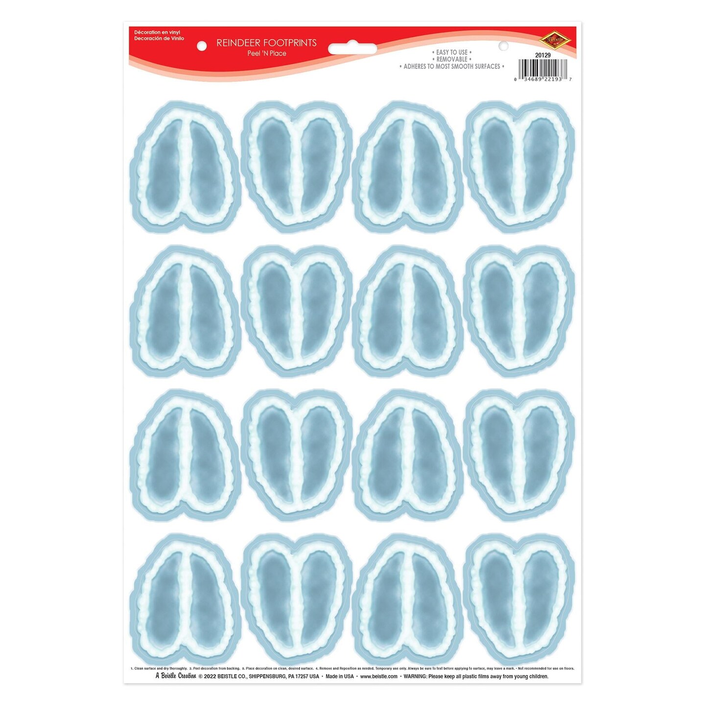 12 Pack Beistle Christmas Reindeer Footprints Peel &#x27;N Place Clings