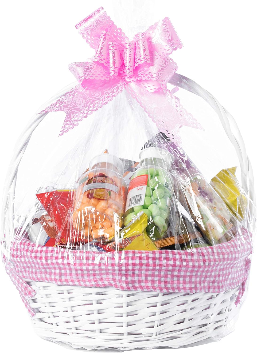 White Round Willow Gift Basket, with Pink Gingham Liner and Handle - Medium