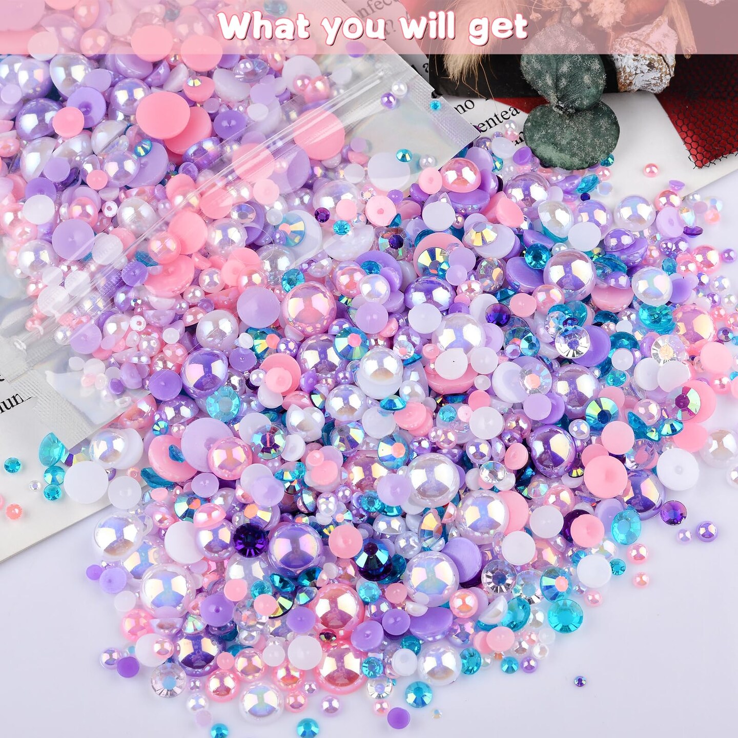 75g Mix Resin Pearls Rhinestones Kit, 3-10mm Half Pearls and 2-6mm Flatback Rhinestones for Nail Art Decoration Shoes Clothes Tumblers Scrapbooking Craft DIY (Purple Pink White)