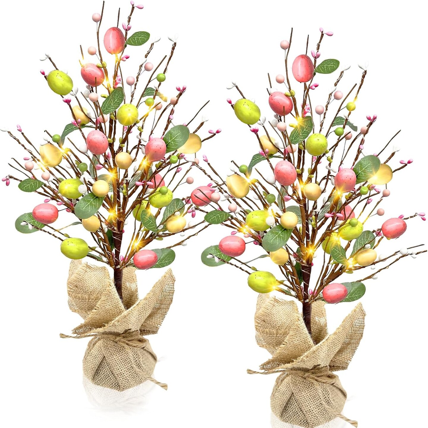 Easter Decorations, 2 Pack Easter Tree with Eggs Artificial Battery Powered Tabletop Centerpiece Lighted Artificial Tree for Holiday Party Spring Home Decor