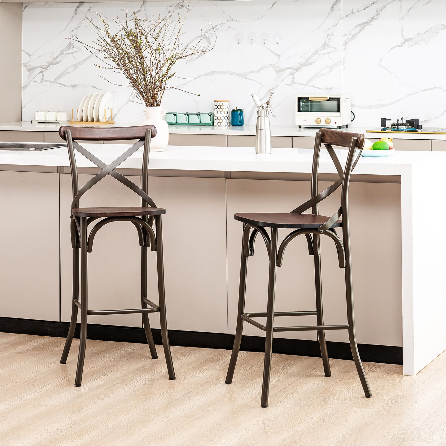 Industrial Rustic High Bar Stools With Solid Elm Wood Seat and Back Support &#x26; Bar Table With Adjustable Round