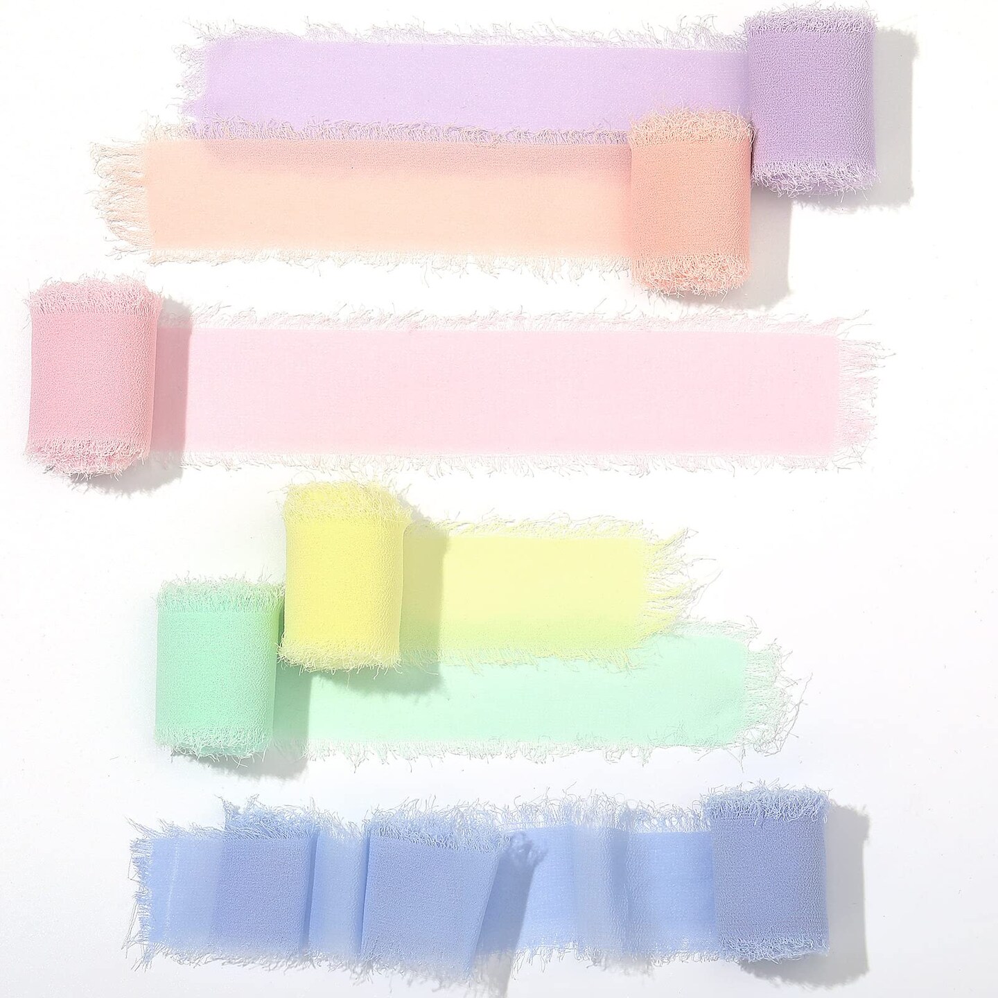 6 Rolls Handmade Fringe Chiffon Silk Ribbon 1.5&#x22; x 3 Yd Colorful Ribbon for Wedding Invitations, Bridal Bouquets, Gifts Wrapping, DIY Crafts (Macarons Color Set)