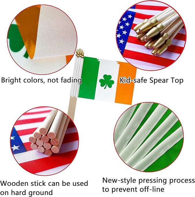 TSMD Ireland Irish Shamrock Stick Flag Saint Patrick&#x27;s Day Clover Small Mini Hand Held Flags,5x8 Inch,12 Pack