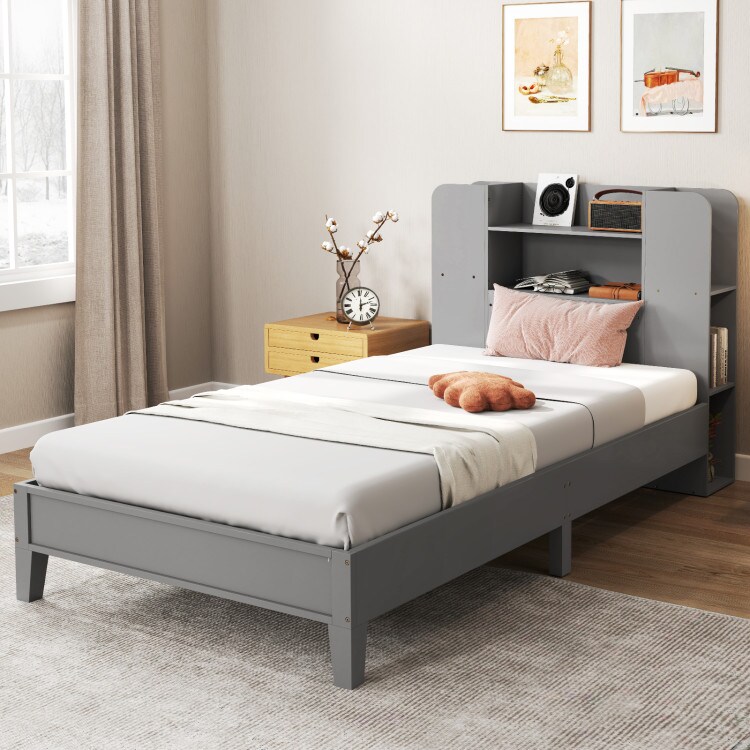 Wooden Twin Bed Frame with Bookcase Headboard Storage Shelves and Under-bed Space