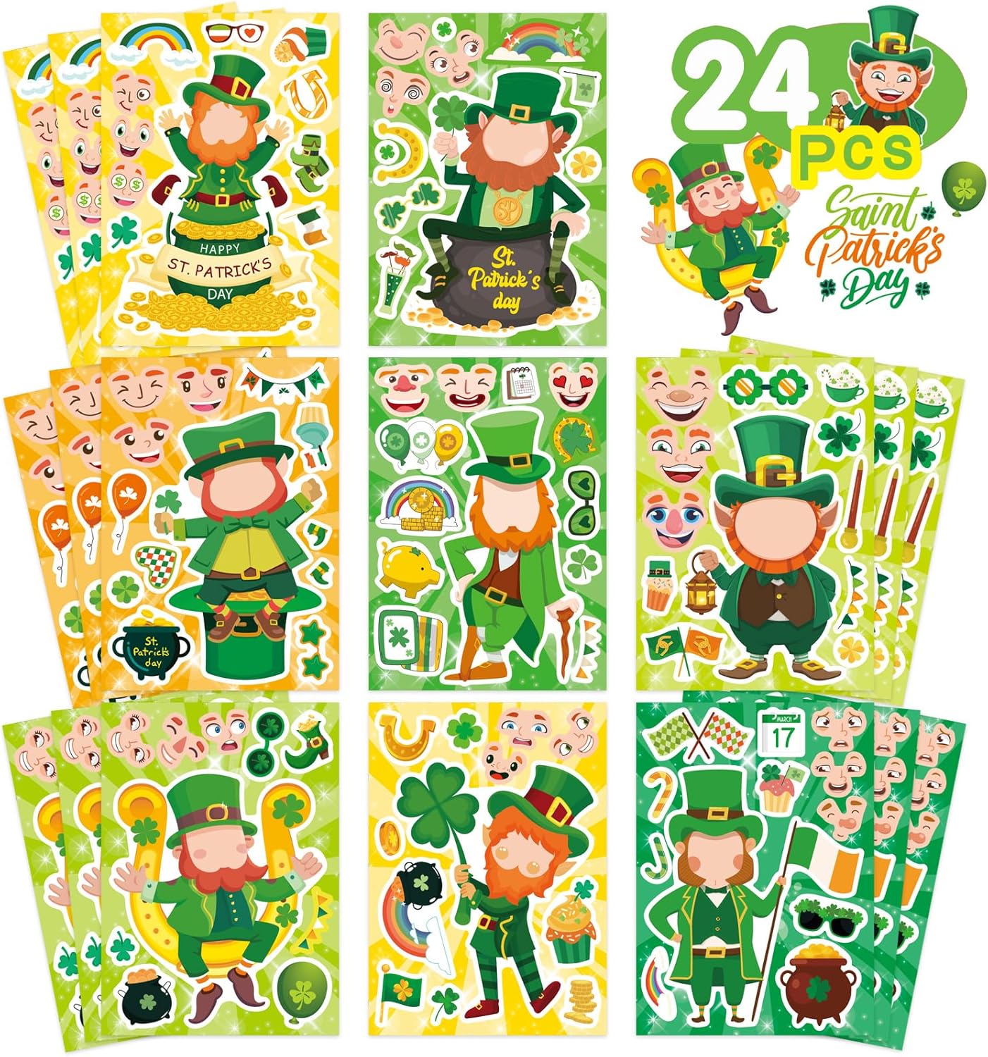 24 Sheets St. Patrick&#x27;s Day Stickers Make a Face Stickers Lucky Shamrock Stickers Irish Stickers