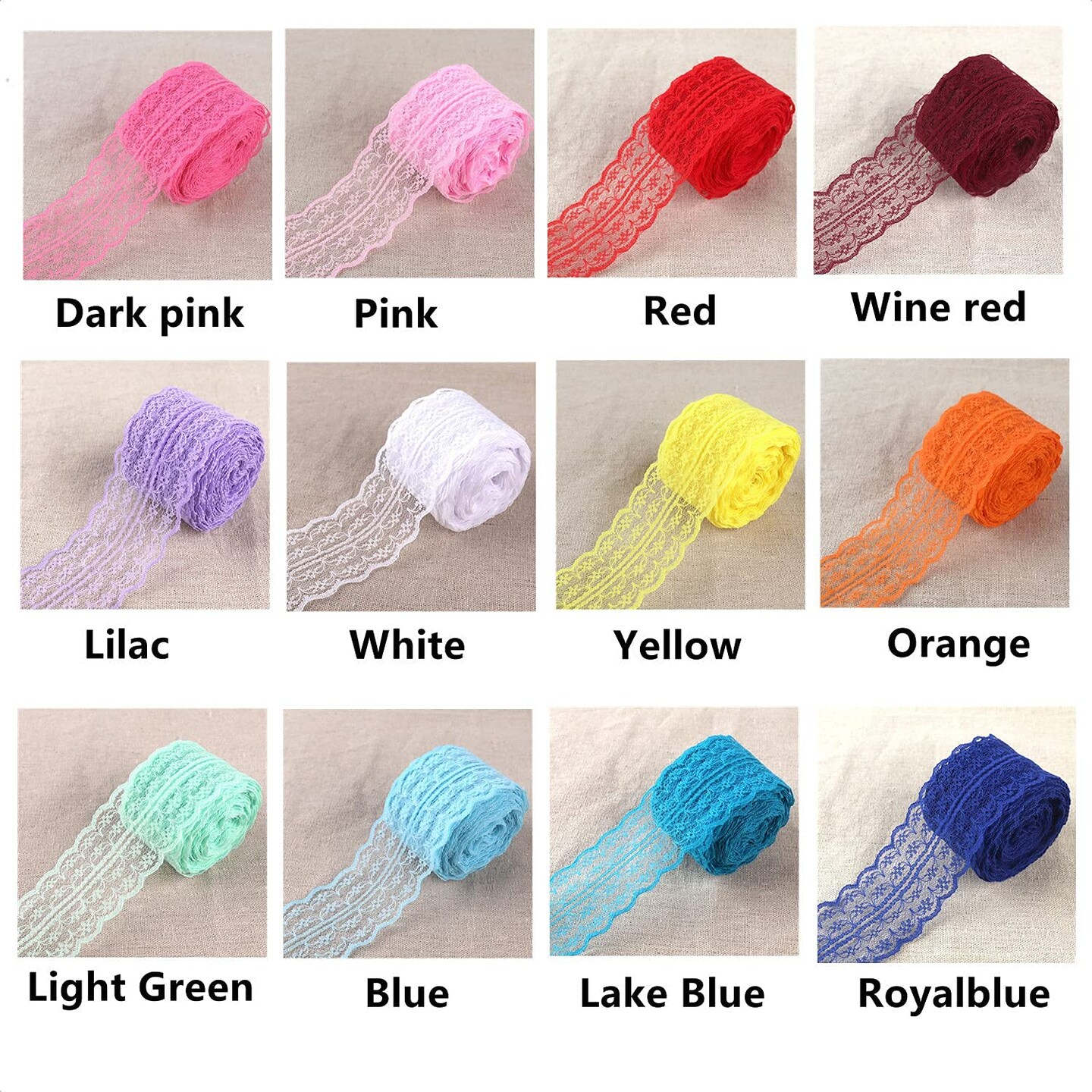 FQTANJU 12 Rolls 60 Yards Lace Ribbon Mixed Color Floral Pattern Fabric by The Roll, for Bridal Wedding Decorations, Invitation Cards, Hair Bow Making, DIY Sewing, Gift Wrapping, 1-3/4 Inch Wide