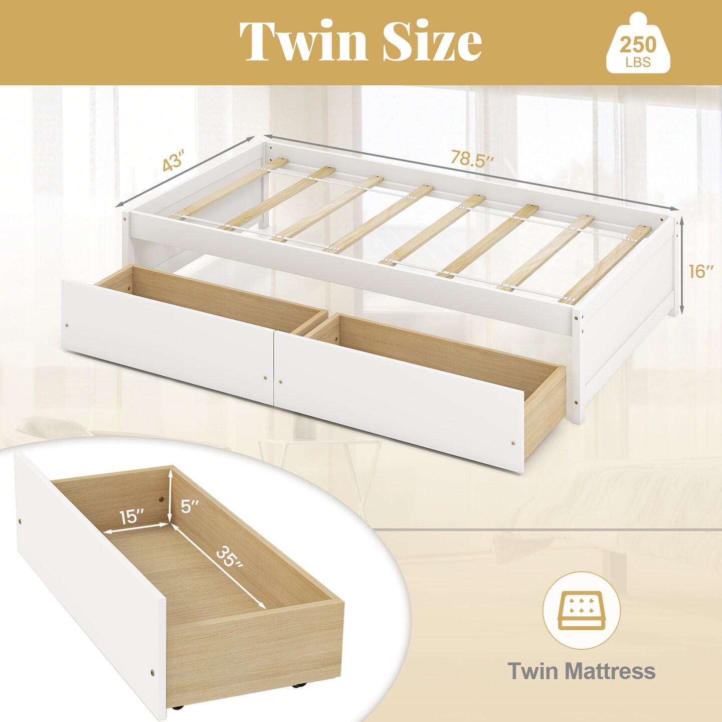 Wooden Twin Captain Bed with Storage Drawers and Daybed Function