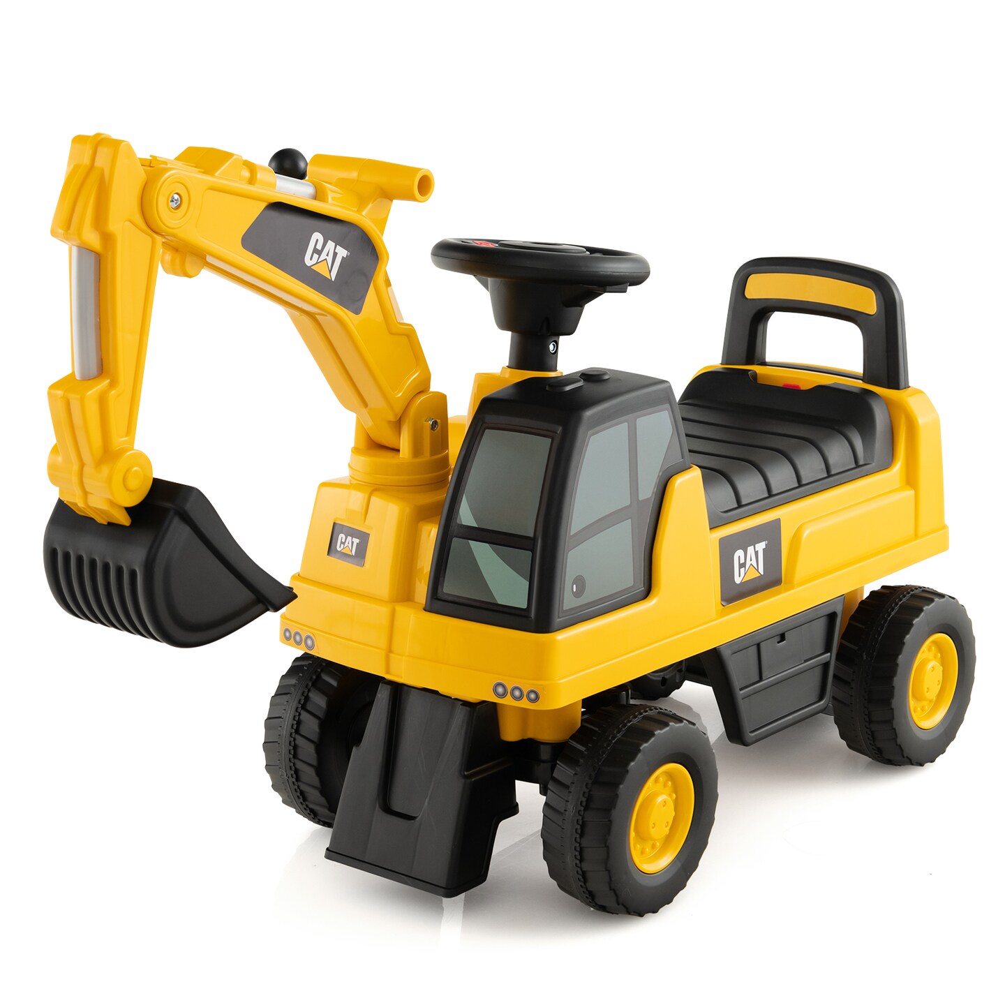 Yellow Plastic Licensed Caterpillar Kids Ride-On Digger with Adjustable Arm and Realistic Controls