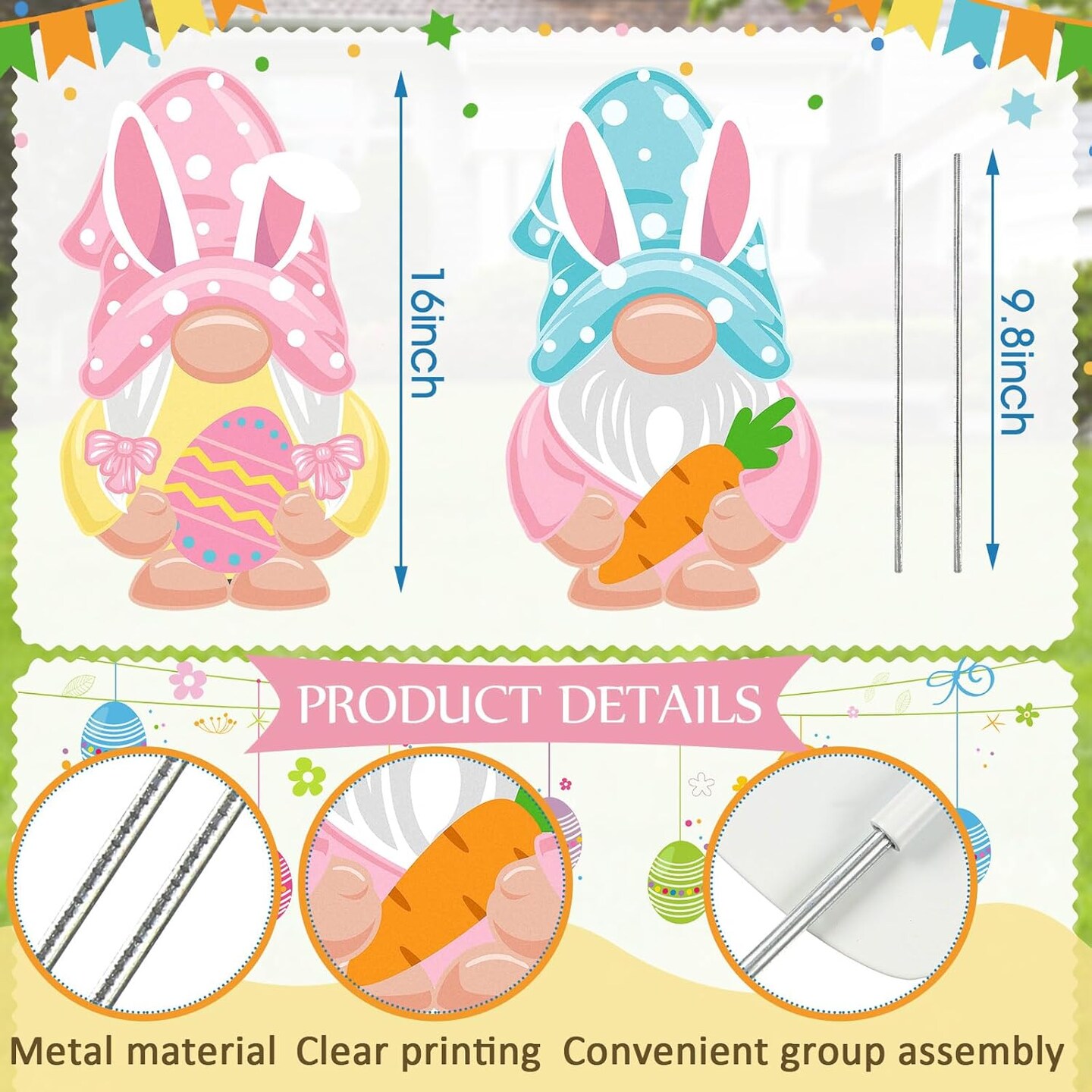 2 Pcs Easter Metal Decorations 16 Inch Yard Stakes Sign Metal Bunny Egg Gnome