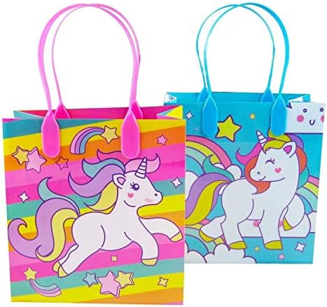 Tiny Mills Unicorn Party Favor Bags Treat Bags with Handles, Unicorn Rainbow Pink Blue Candy Bags Goodie Bags for Birthday Party, Party Supply Decoration, 12 Pack