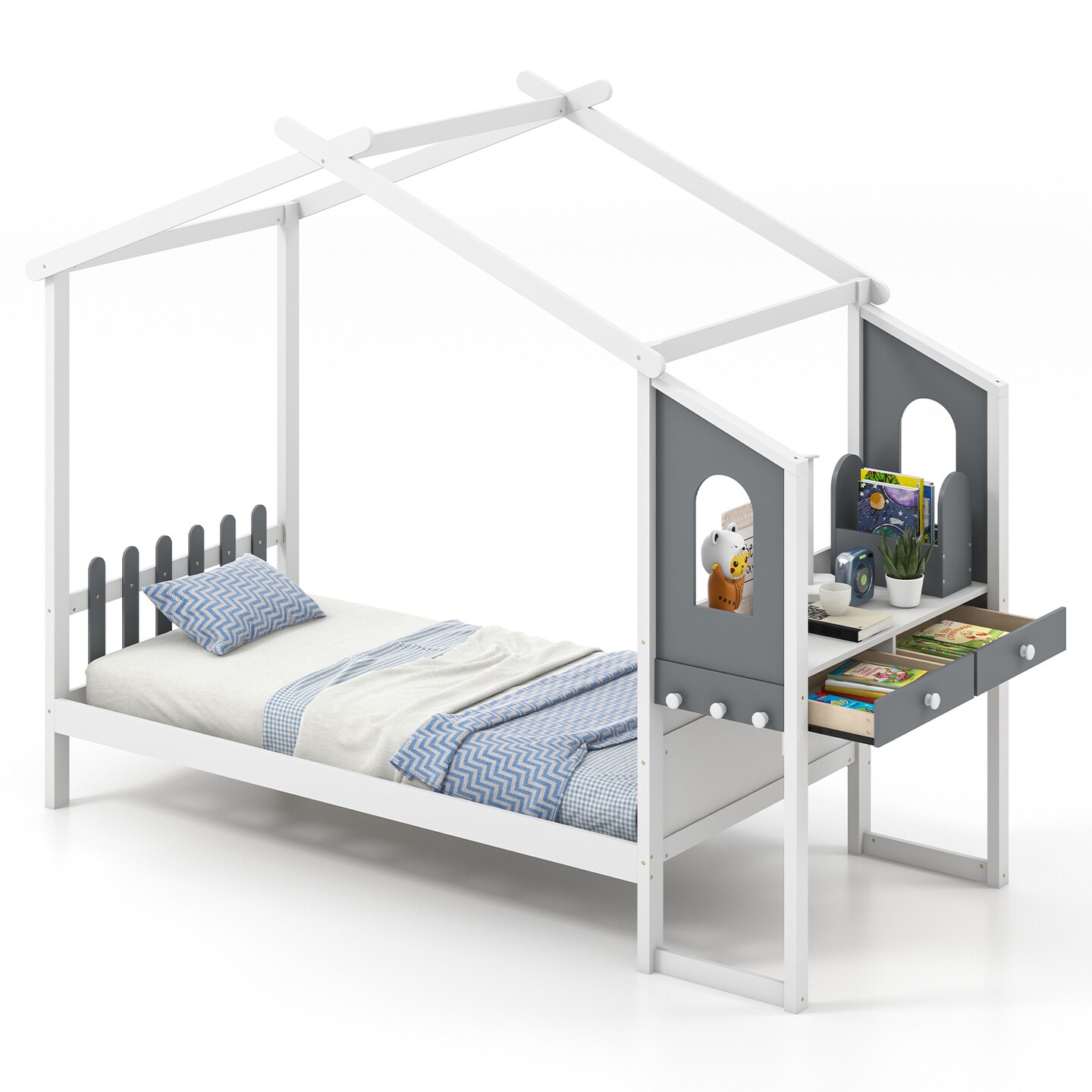 House Shaped Bed Frame with 2 Drawers, 1 Storage Box and 3 hooks for Kids