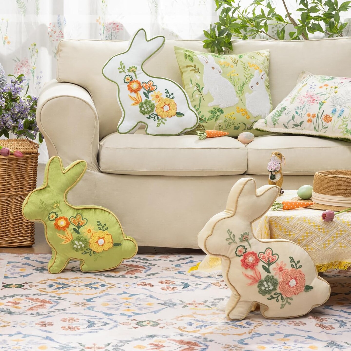 Happy Easter Bunny Shaped Throw Pillow, Embroidered Floral Patterns Cushion Soft Velvet Easter Rabbit