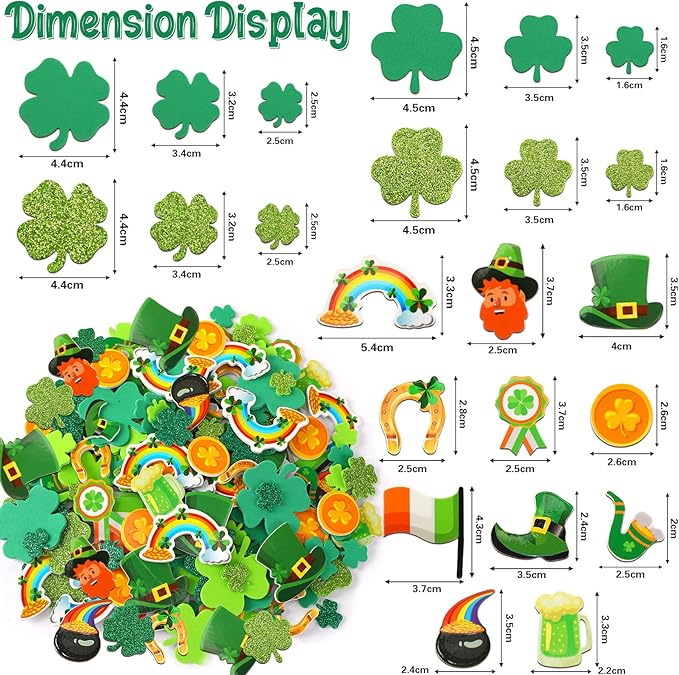St. Patrick's Day Foam Sticker, 300Pcs Green Irish Lucky Shamrock Self Adhesive Foam Stickers Glitter Four Leaf Clover Stickers for Kids Party Favors DIY Crafts Decorations Supplies